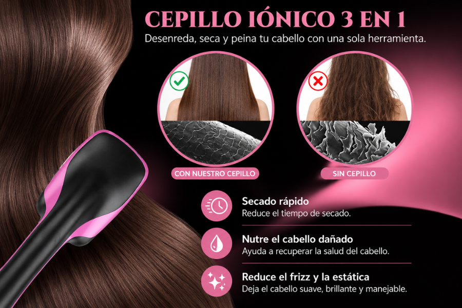 Cepillo Secador Iónico 3 en 1 | Cabello Liso y Sin Frizz