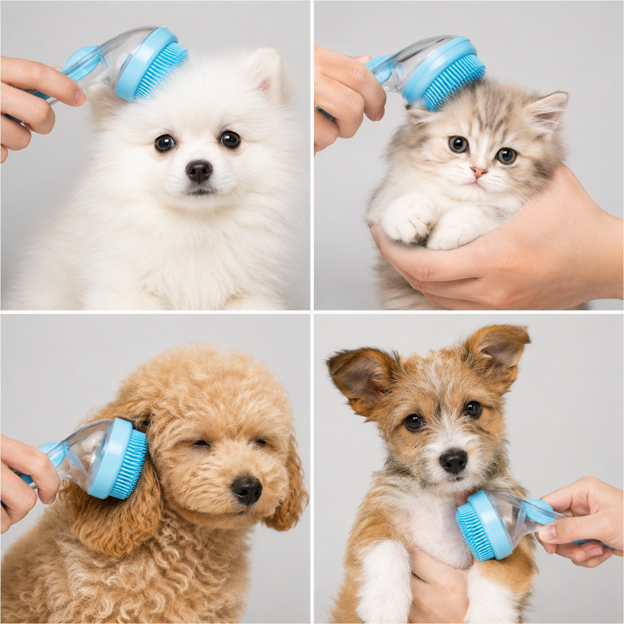 Pet bath brush with soap dispenser shown in all four colors - pink, green, blue and yellow