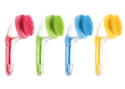 2-in-1 pet bath brush with built-in soap dispenser in all four colors - pink, green, blue and yellow
